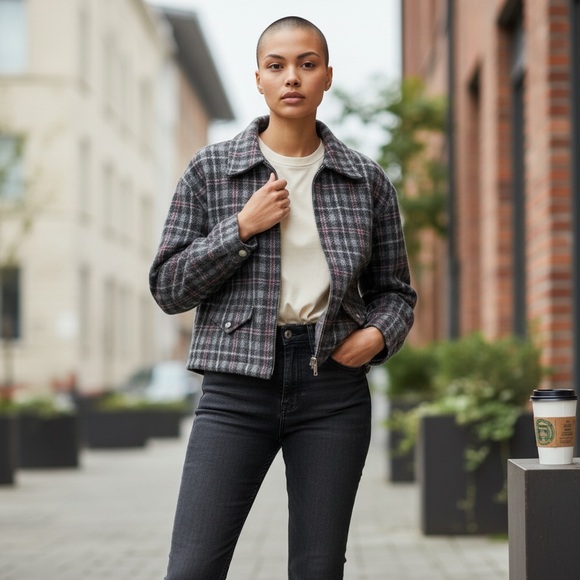 Fashion Bug Jacket Womens Size M Gray Wool Windowpane Plaid‎ Y2K Clueless Preppy - Picture 16 of 16